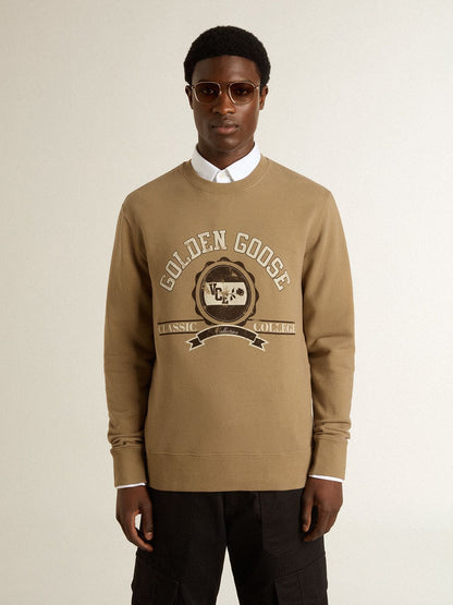 Men's beige cotton sweatshirt with print on the front - Golden Goose Men
