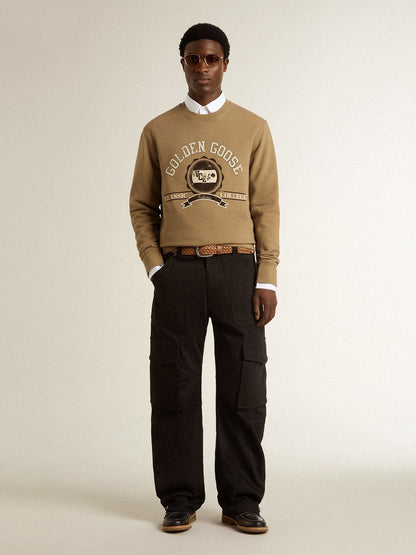 Men's beige cotton sweatshirt with print on the front - Golden Goose Men