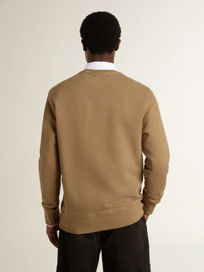 Men's beige cotton sweatshirt with print on the front - Golden Goose Men