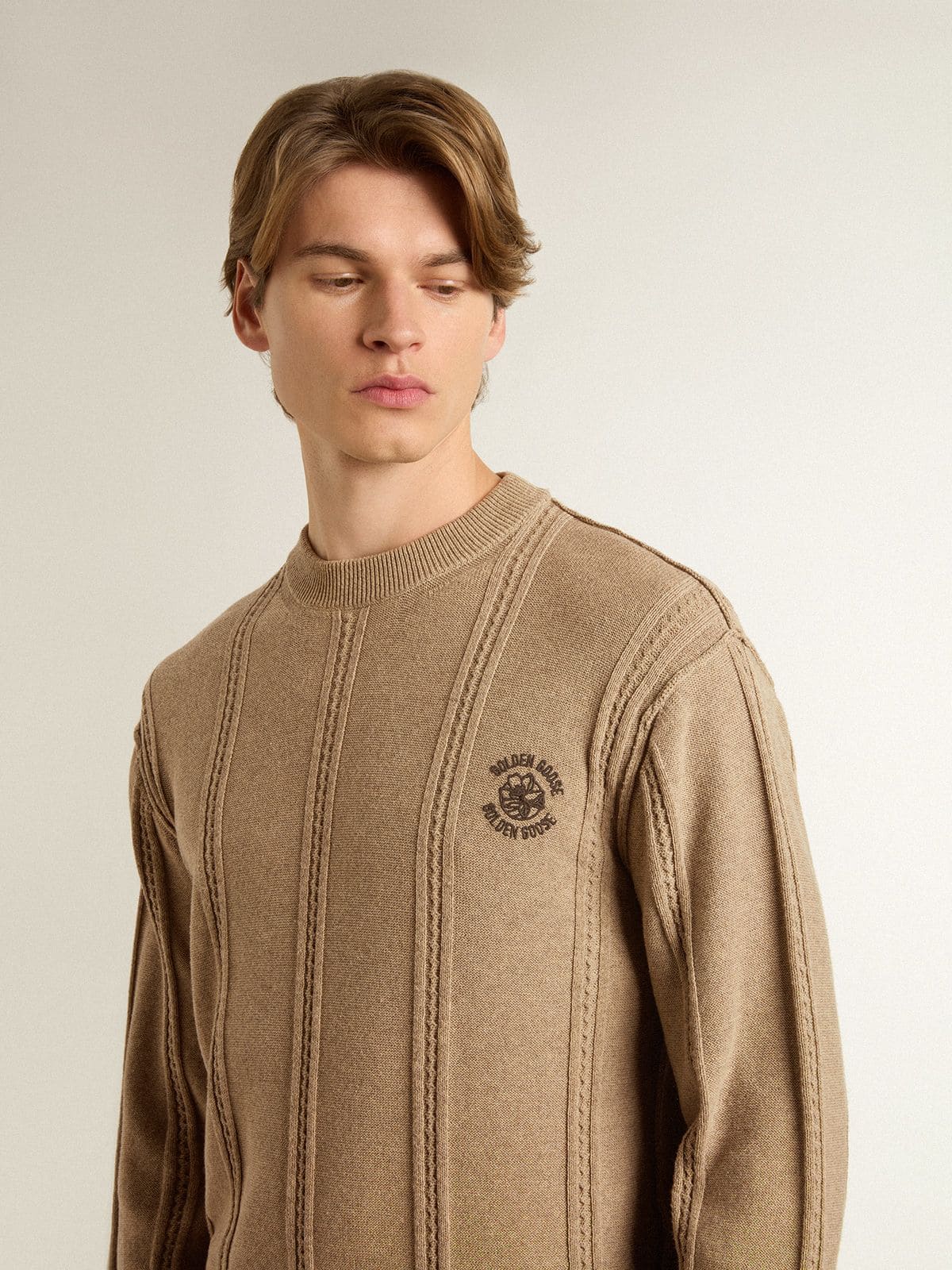 Men's beige sweater with embroidered logo - Golden Goose Men