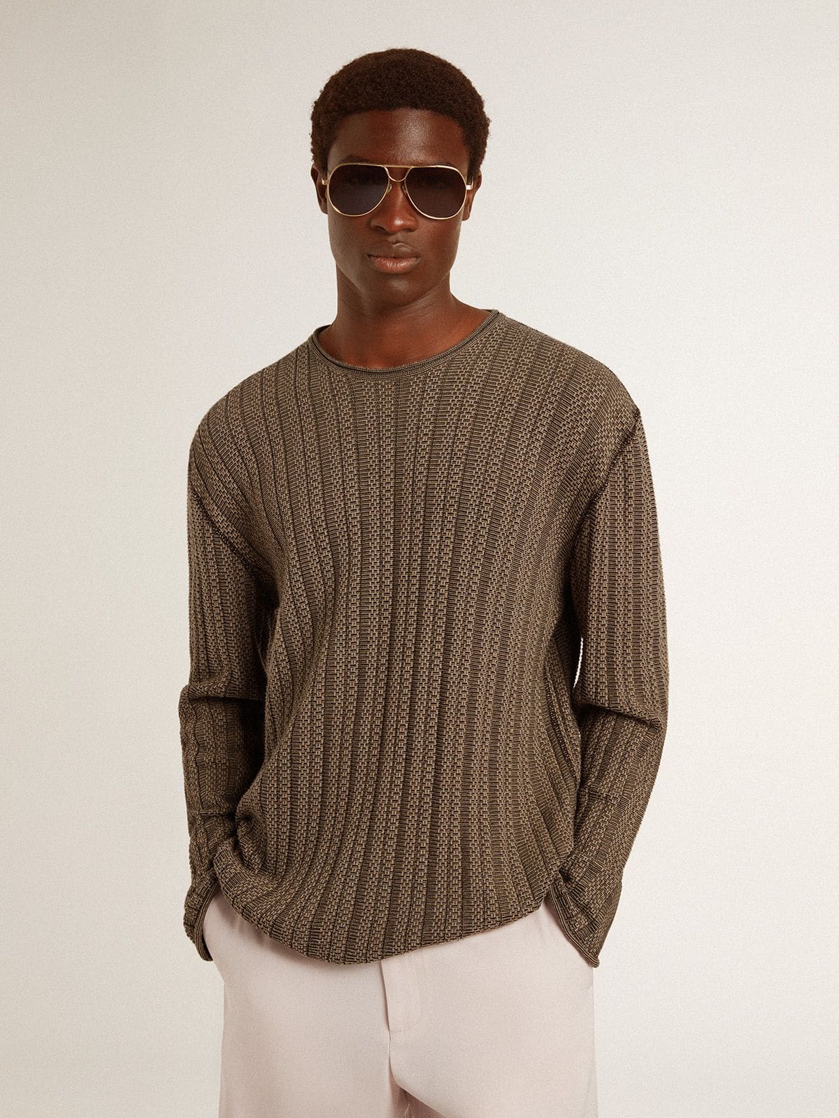 Men's travertine-colored sweater with 'Golden' patch lettering on the back - Golden Goose Men