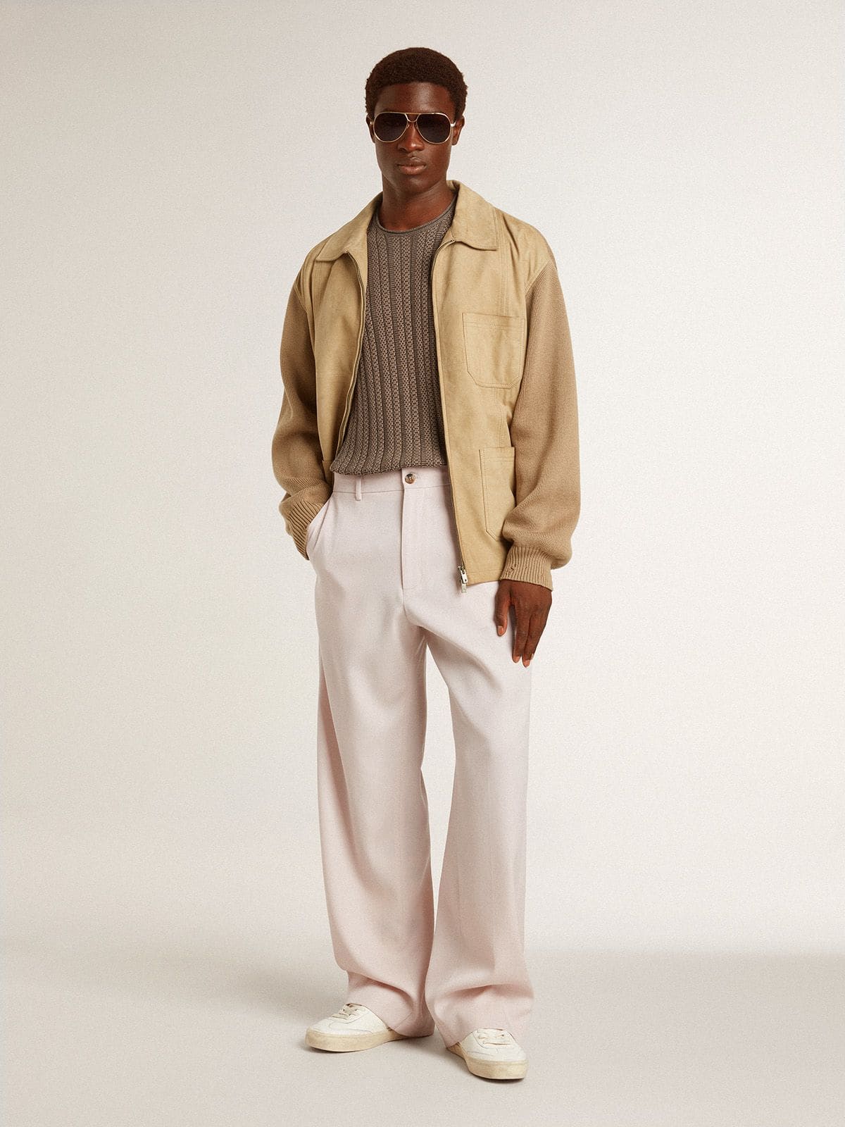 Men's travertine-colored sweater with 'Golden' patch lettering on the back - Golden Goose Men