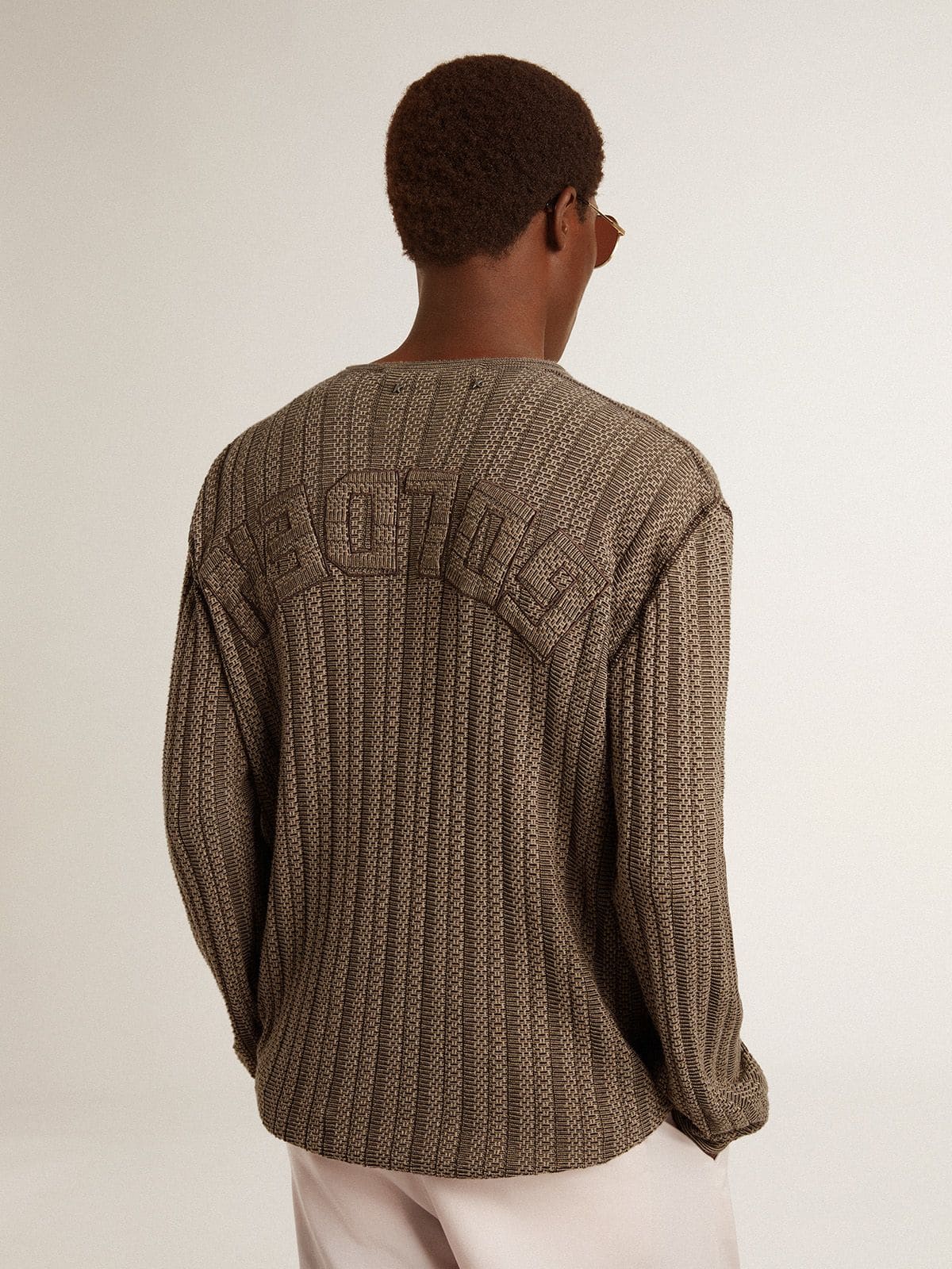 Men's travertine-colored sweater with 'Golden' patch lettering on the back - Golden Goose Men