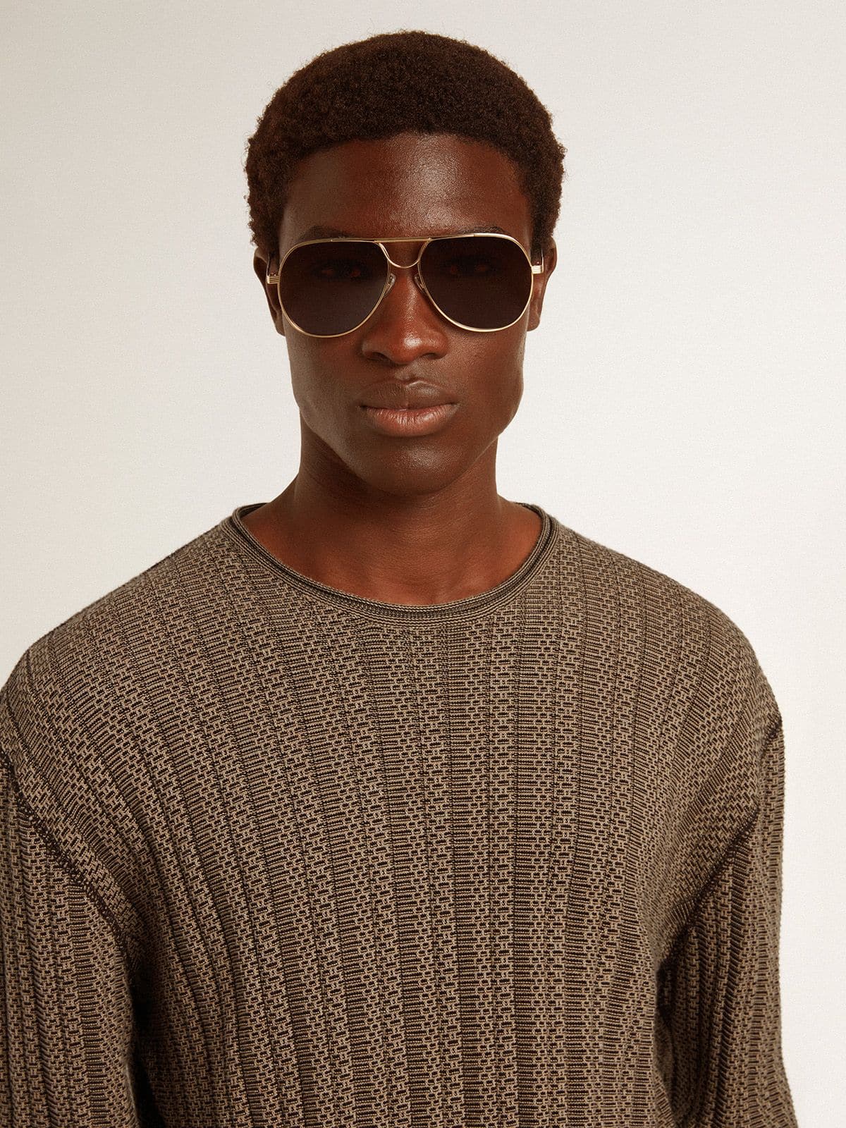Men's travertine-colored sweater with 'Golden' patch lettering on the back - Golden Goose Men