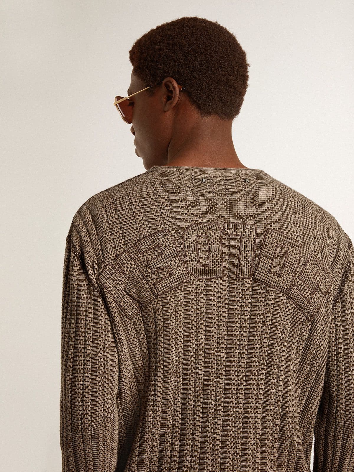 Men's travertine-colored sweater with 'Golden' patch lettering on the back - Golden Goose Men