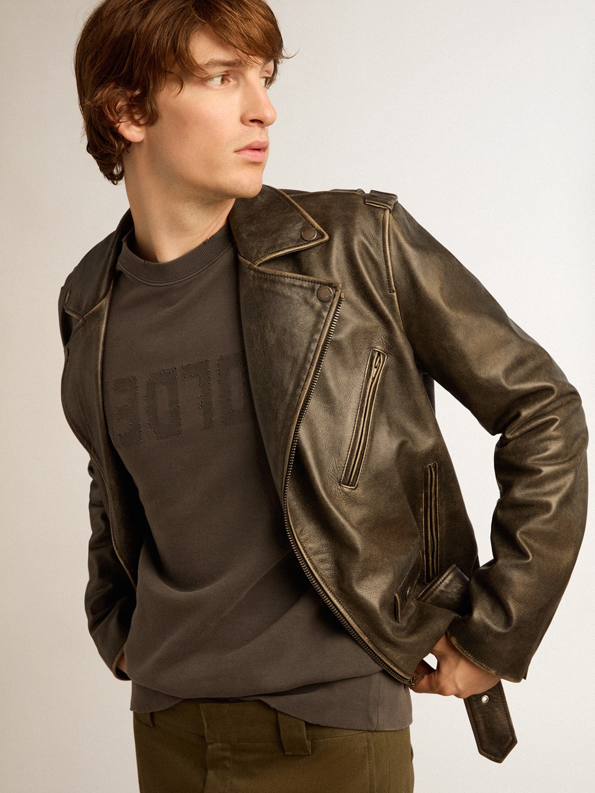 Men's gray sweatshirt with logo and distressed treatment - Golden Goose Men