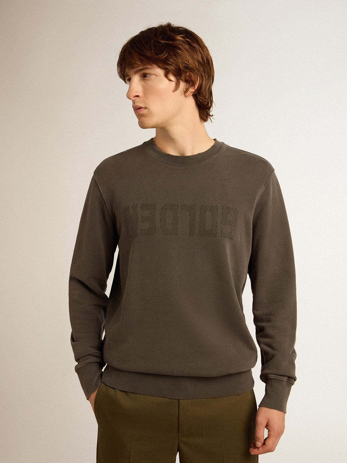Men's gray sweatshirt with logo and distressed treatment - Golden Goose Men