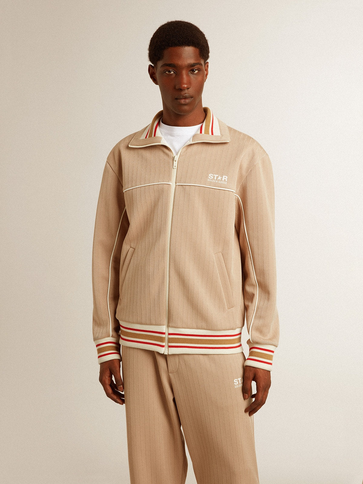 Men’s light beige zipped sweatshirt with white logo - Golden Goose Men