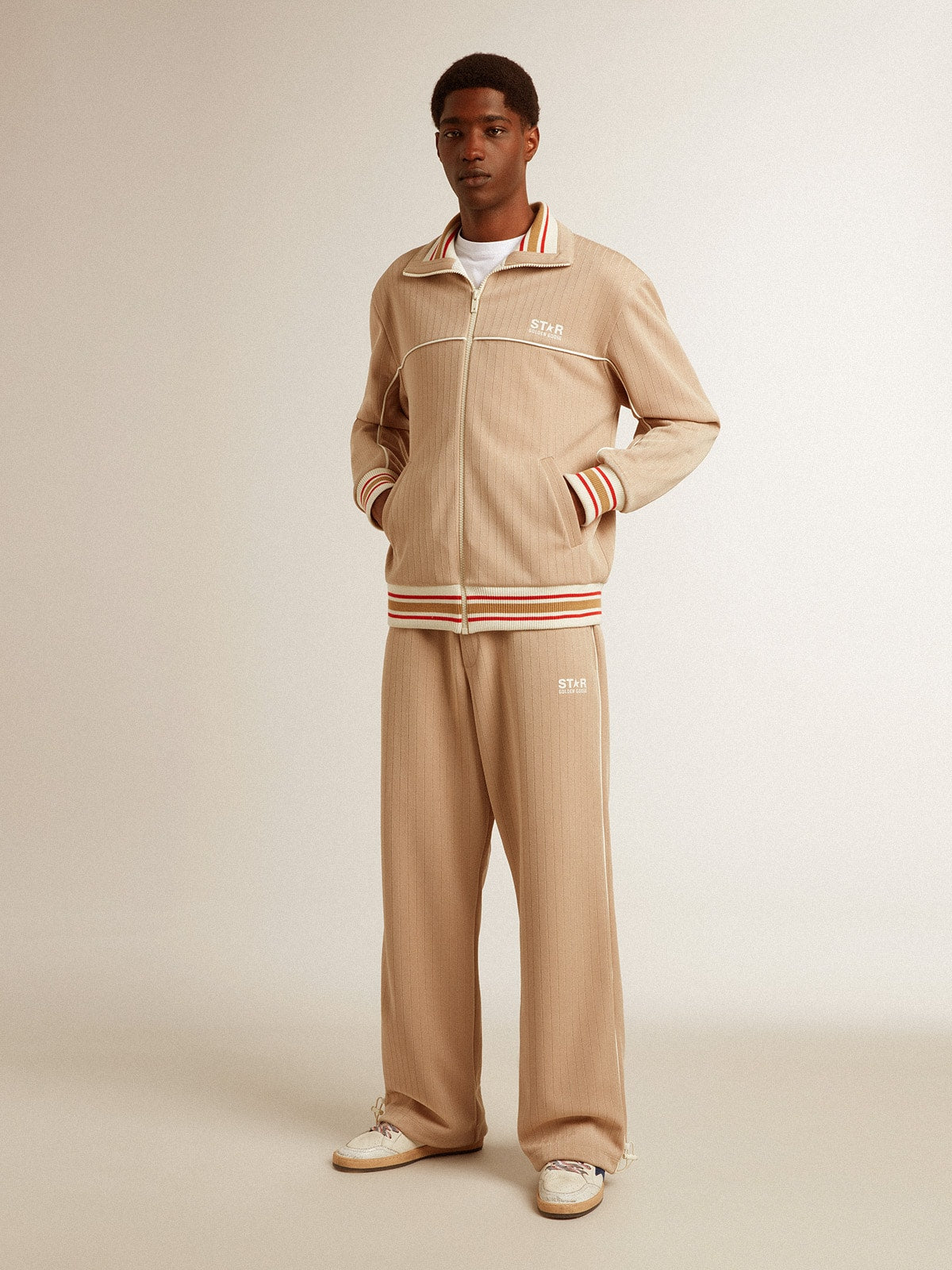 Men’s light beige zipped sweatshirt with white logo - Golden Goose Men