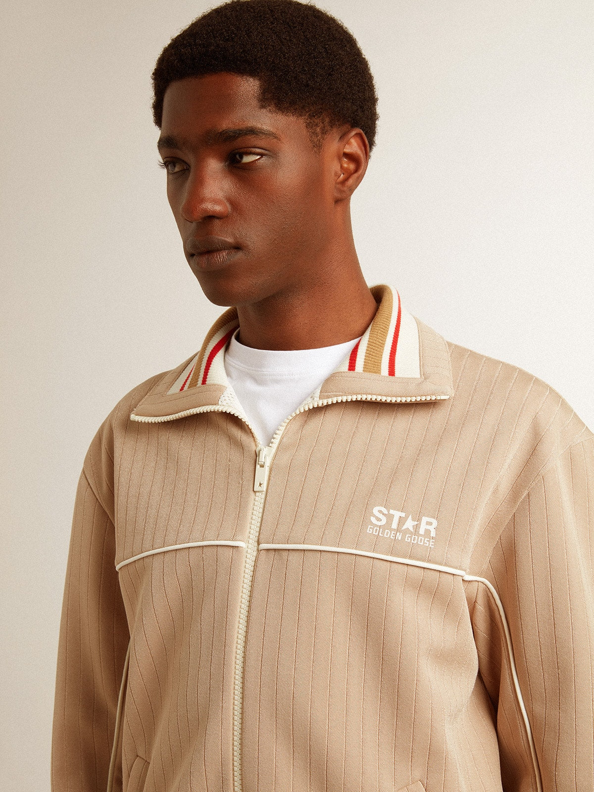 Men’s light beige zipped sweatshirt with white logo - Golden Goose Men