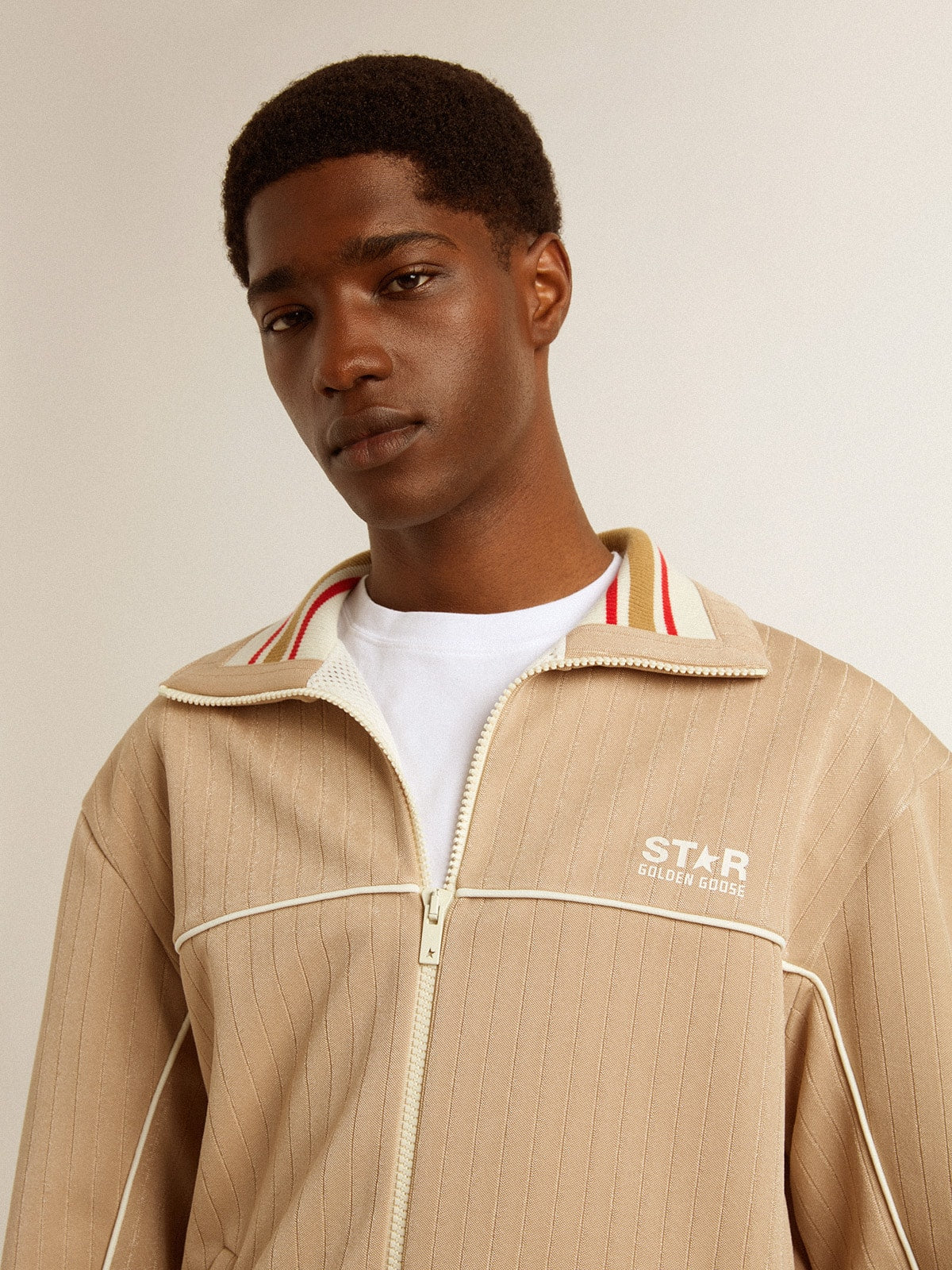 Men’s light beige zipped sweatshirt with white logo - Golden Goose Men