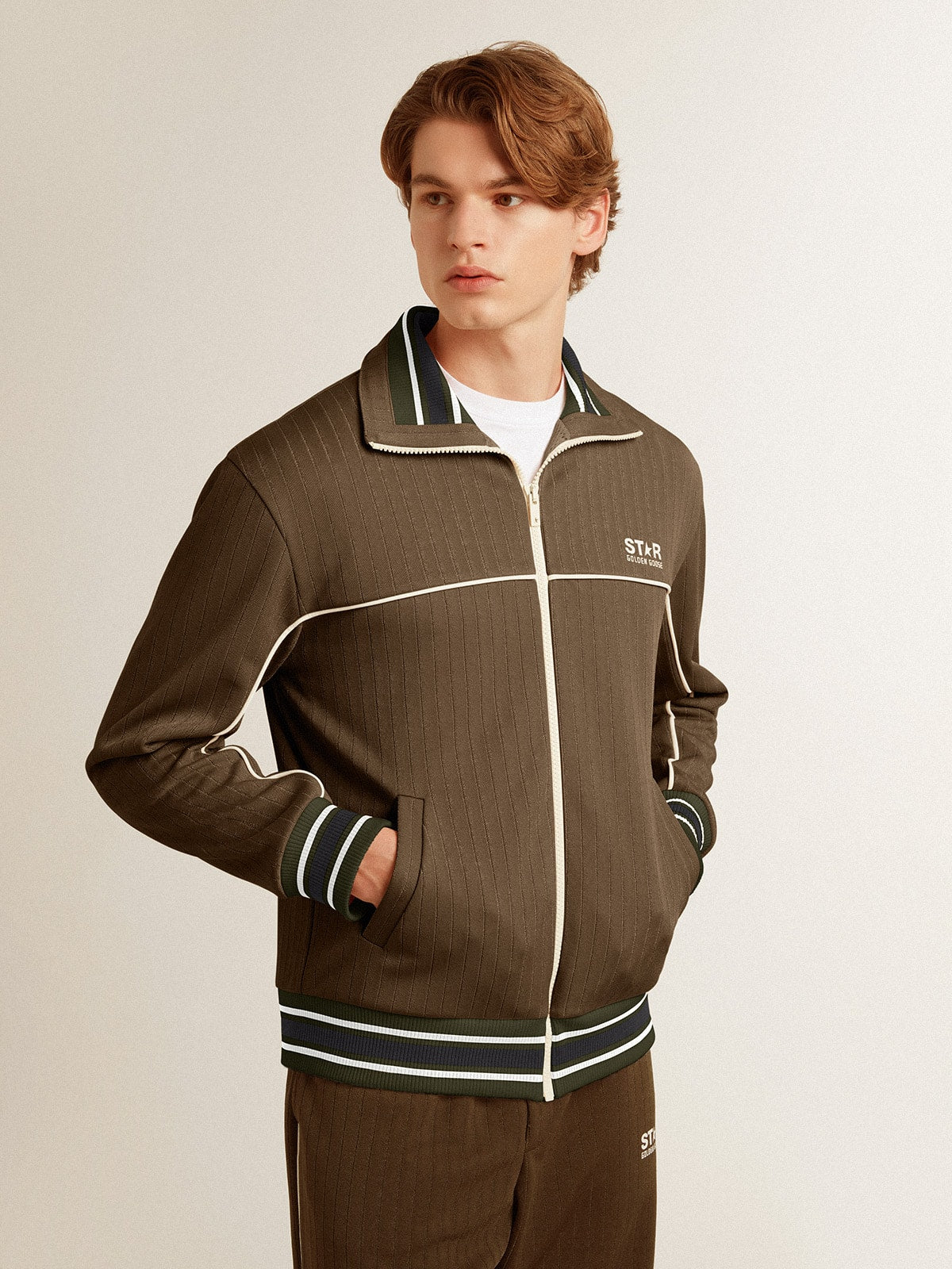 Men’s military green zipped sweatshirt with white logo - Golden Goose Men