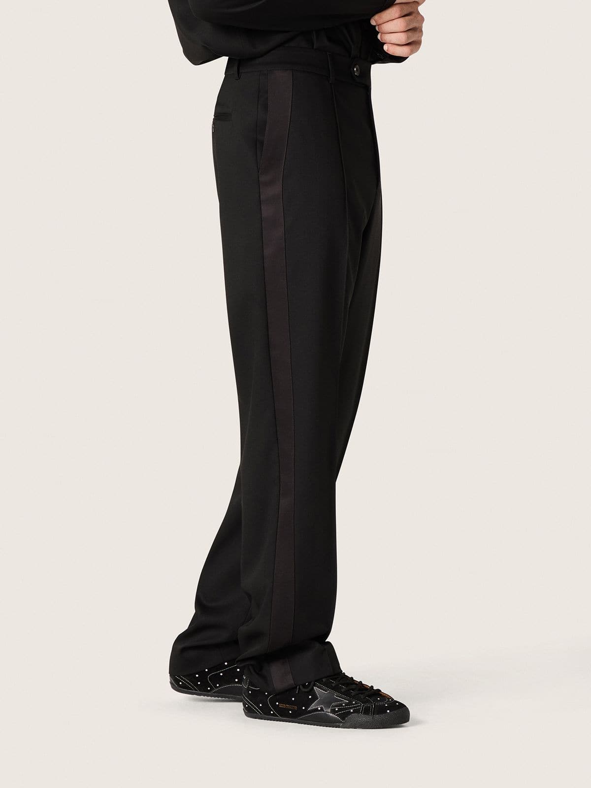 Men's pants in black cool wool with satin side stripe - Golden Goose Men