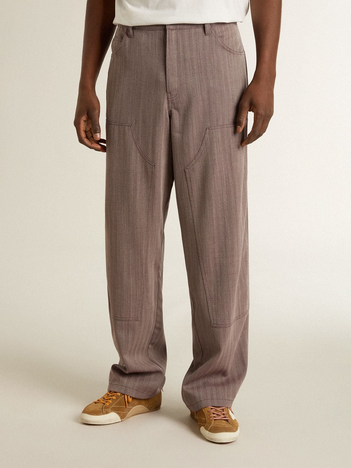 Men’s wool blend pants in light brown micro chevron - Golden Goose Men