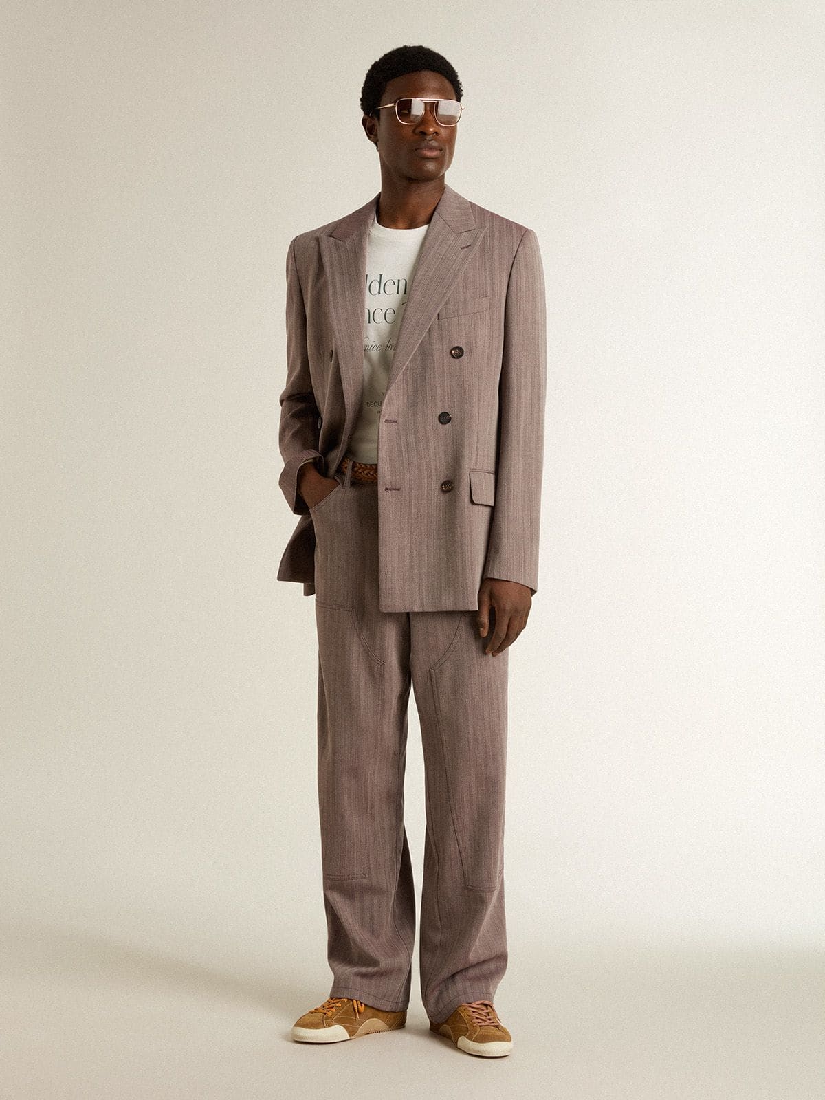 Men’s wool blend pants in light brown micro chevron - Golden Goose Men