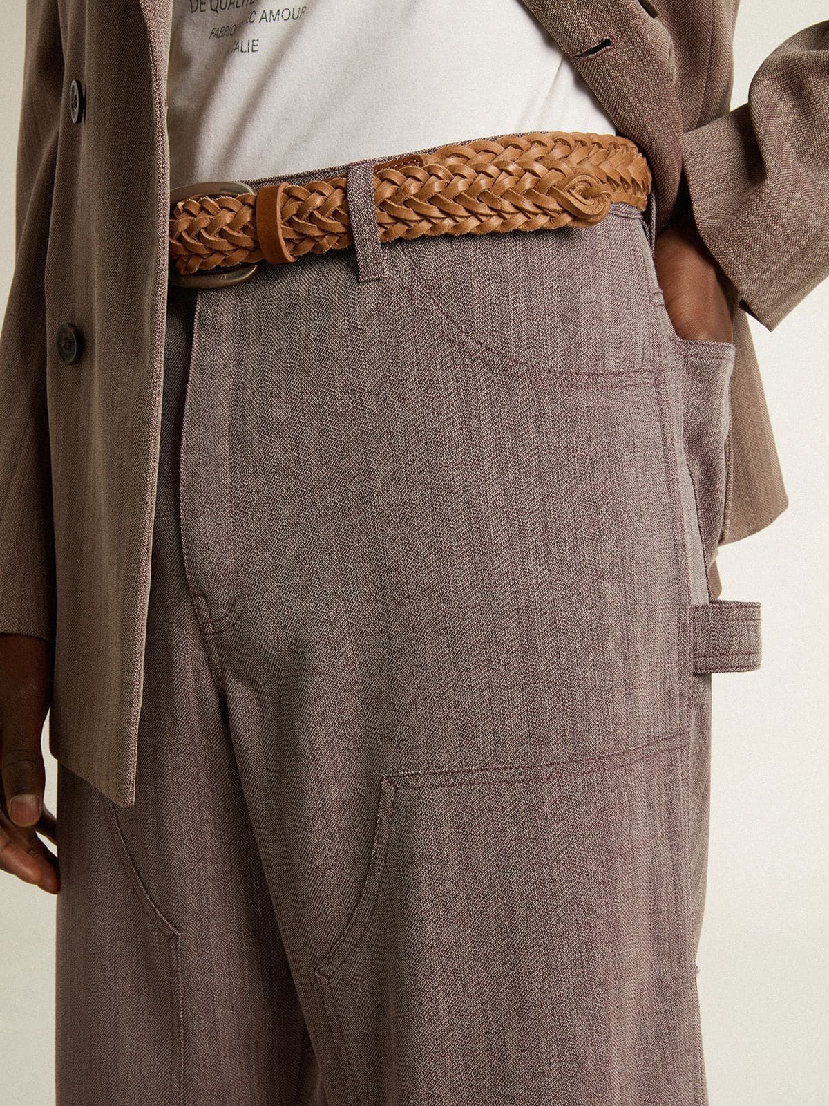 Men’s wool blend pants in light brown micro chevron - Golden Goose Men