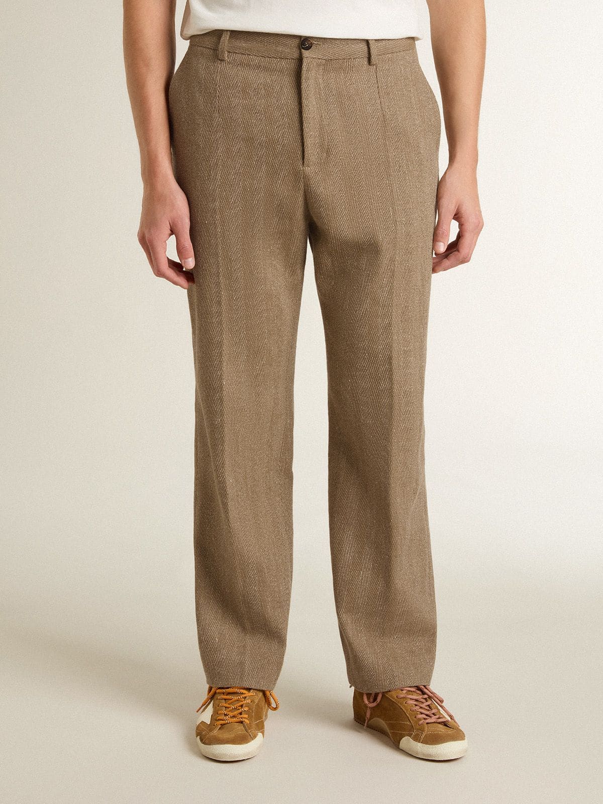 Tailored pants in sand-colored chevron linen blend - Golden Goose Men
