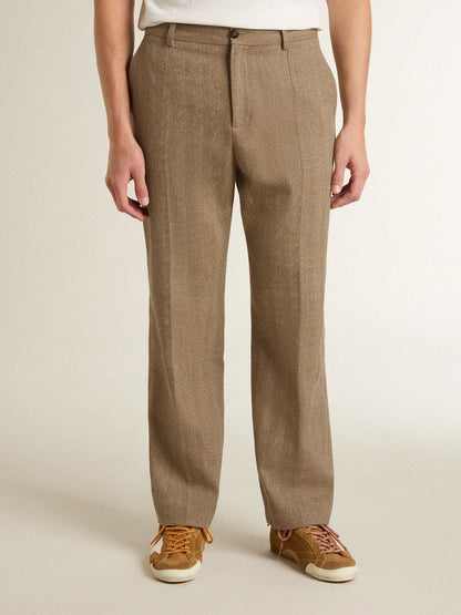 Tailored pants in sand-colored chevron linen blend - Golden Goose Men