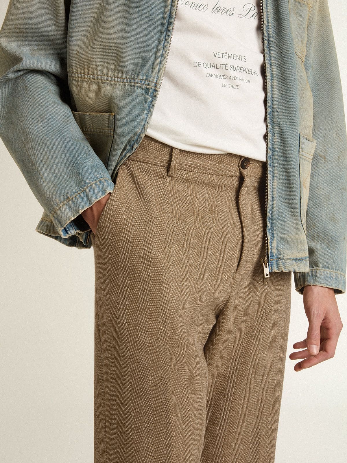 Tailored pants in sand-colored chevron linen blend - Golden Goose Men
