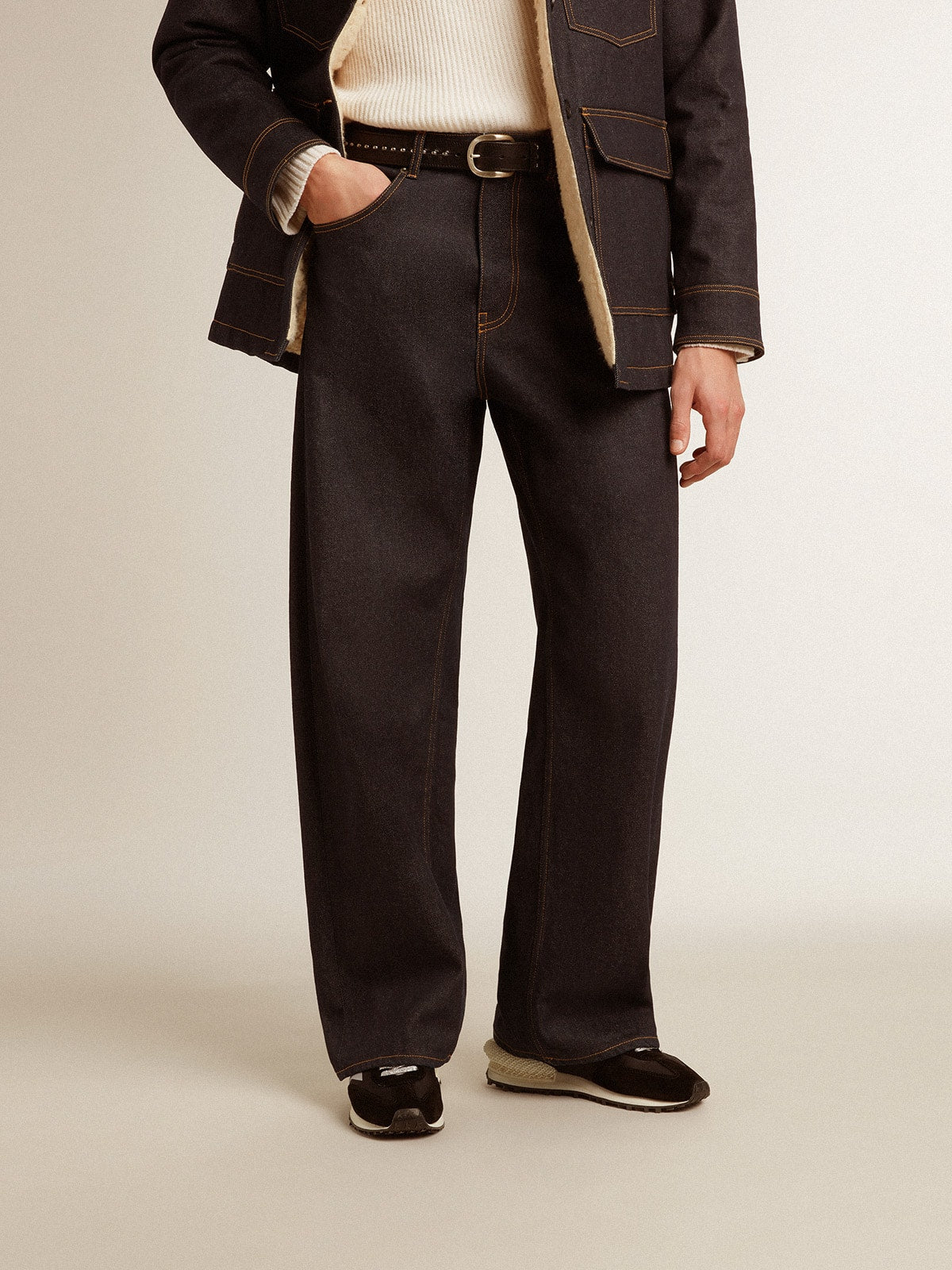 Men’s dark blue wide-leg jeans in one-wash denim - Golden Goose Men