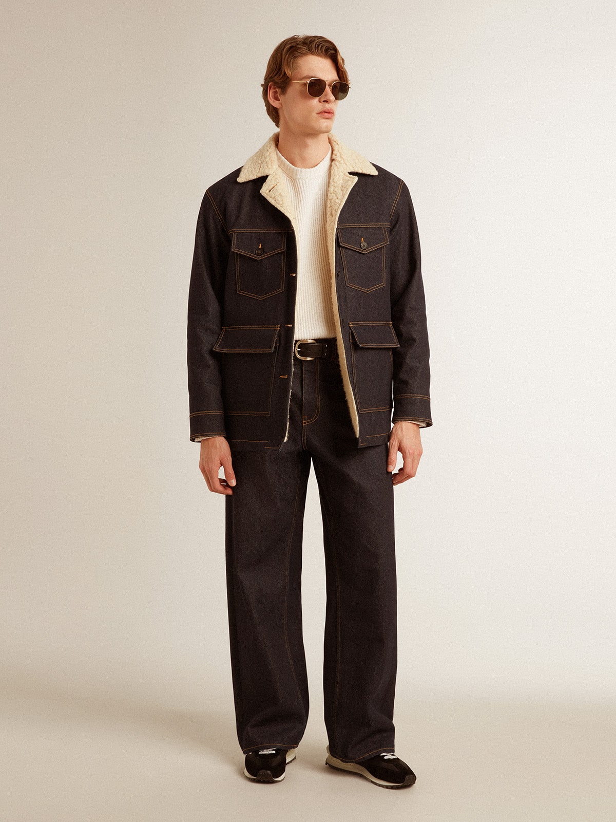 Men’s dark blue wide-leg jeans in one-wash denim - Golden Goose Men