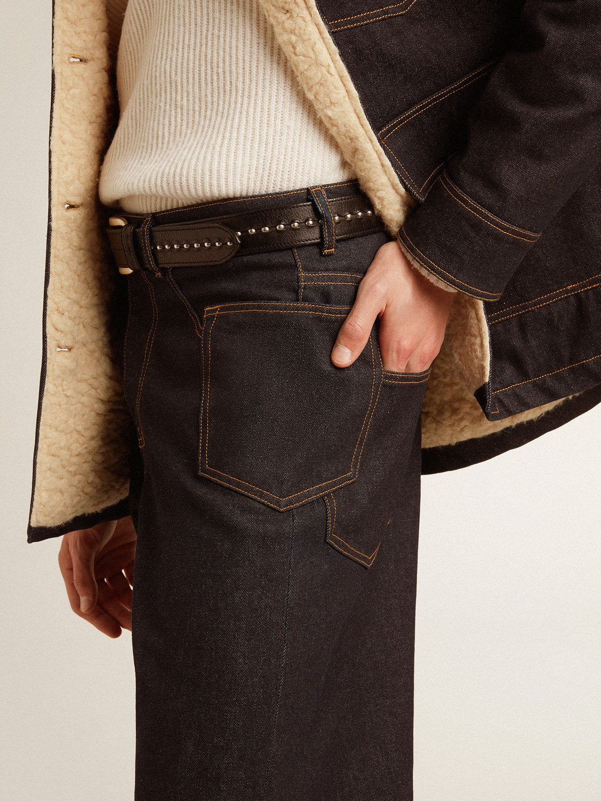 Men’s dark blue wide-leg jeans in one-wash denim - Golden Goose Men