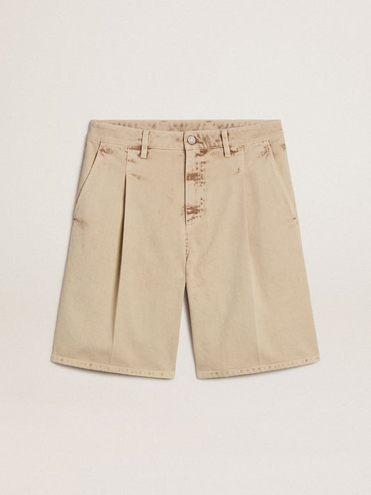 Men's Bermuda shorts in beige denim with a lived-in look finish - Golden Goose Men