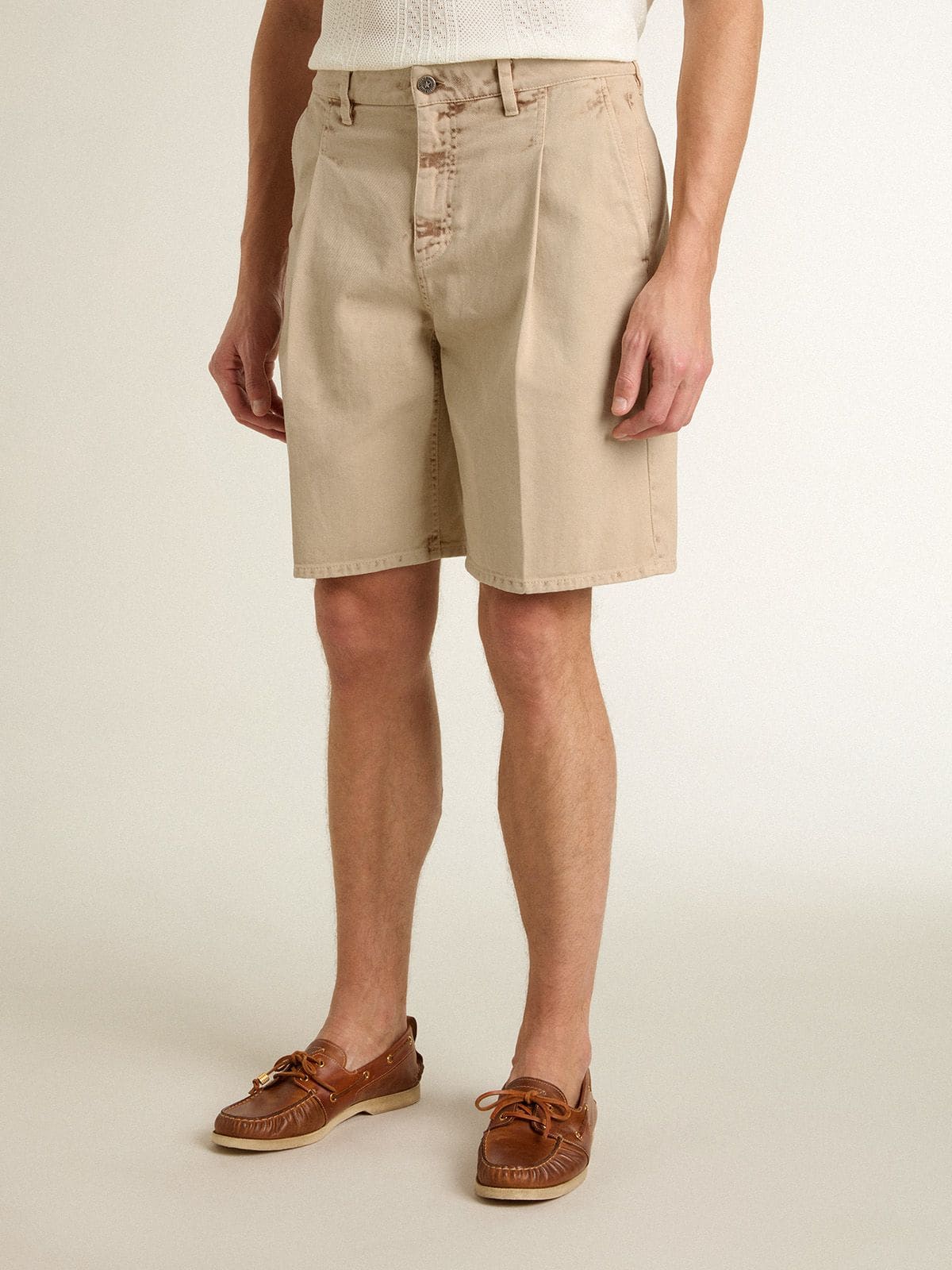 Men's Bermuda shorts in beige denim with a lived-in look finish - Golden Goose Men