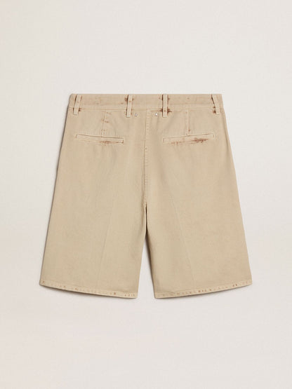 Men's Bermuda shorts in beige denim with a lived-in look finish - Golden Goose Men