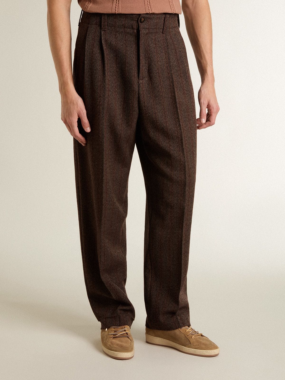 Men's joggers in dark brown wool with thin striped pattern - Golden Goose Men