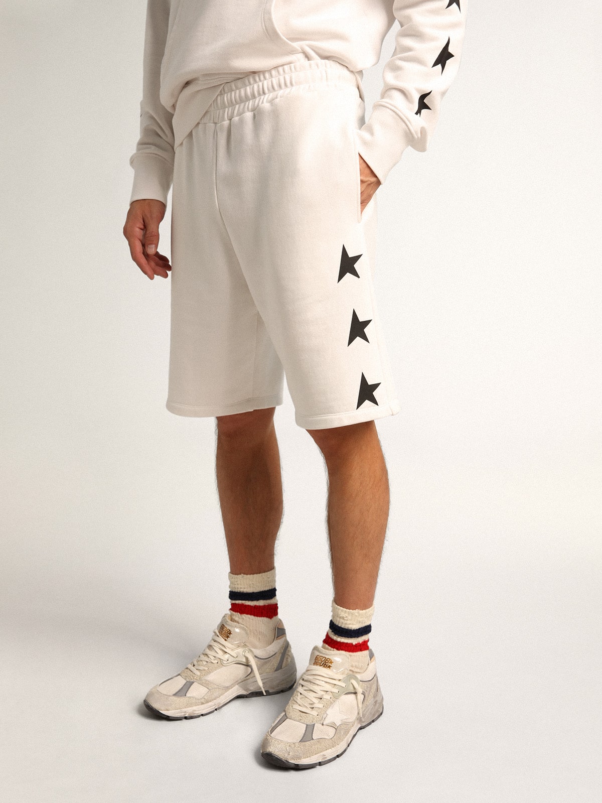 Men's vintage white bermuda shorts with contrasting black stars - Golden Goose Men