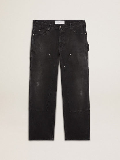 Men's distressed black cotton jeans with front patches - Golden Goose Men