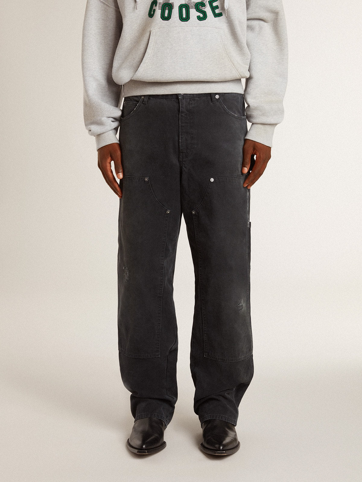 Men's distressed black cotton jeans with front patches - Golden Goose Men