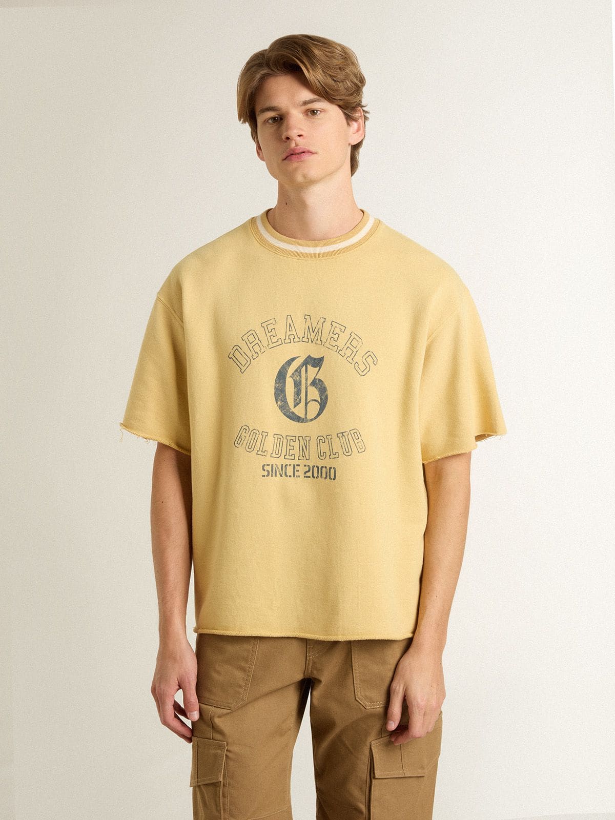 Men's oversized yellow cotton T-shirt with blue print - Golden Goose Men
