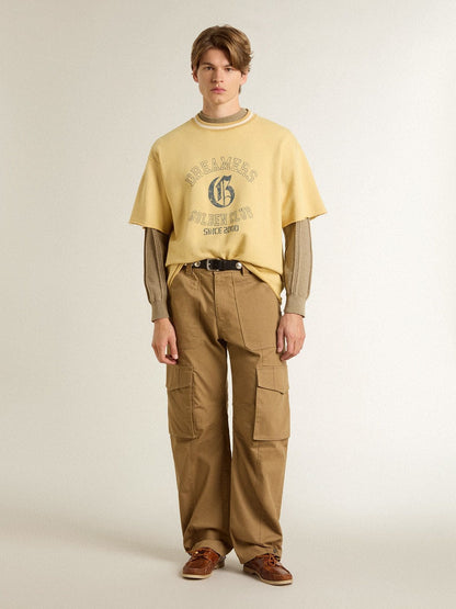 Men's oversized yellow cotton T-shirt with blue print - Golden Goose Men