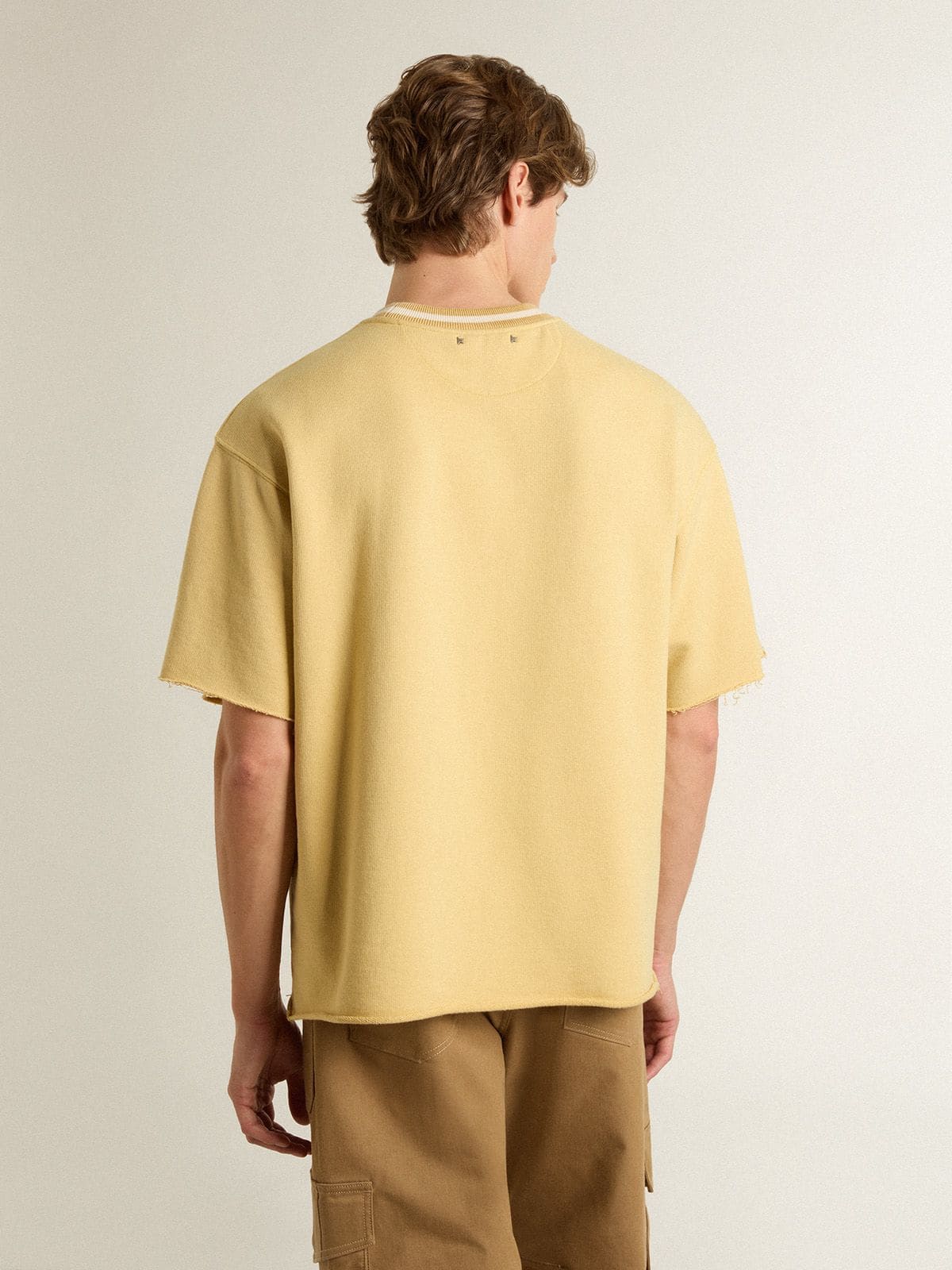 Men's oversized yellow cotton T-shirt with blue print - Golden Goose Men