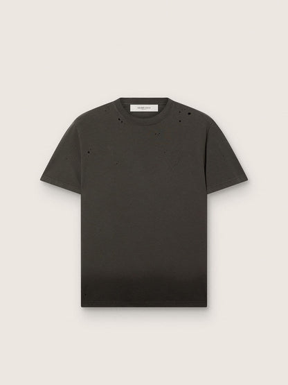 Men’s T-shirt in anthracite cotton jersey with perforated heart - Golden Goose Men