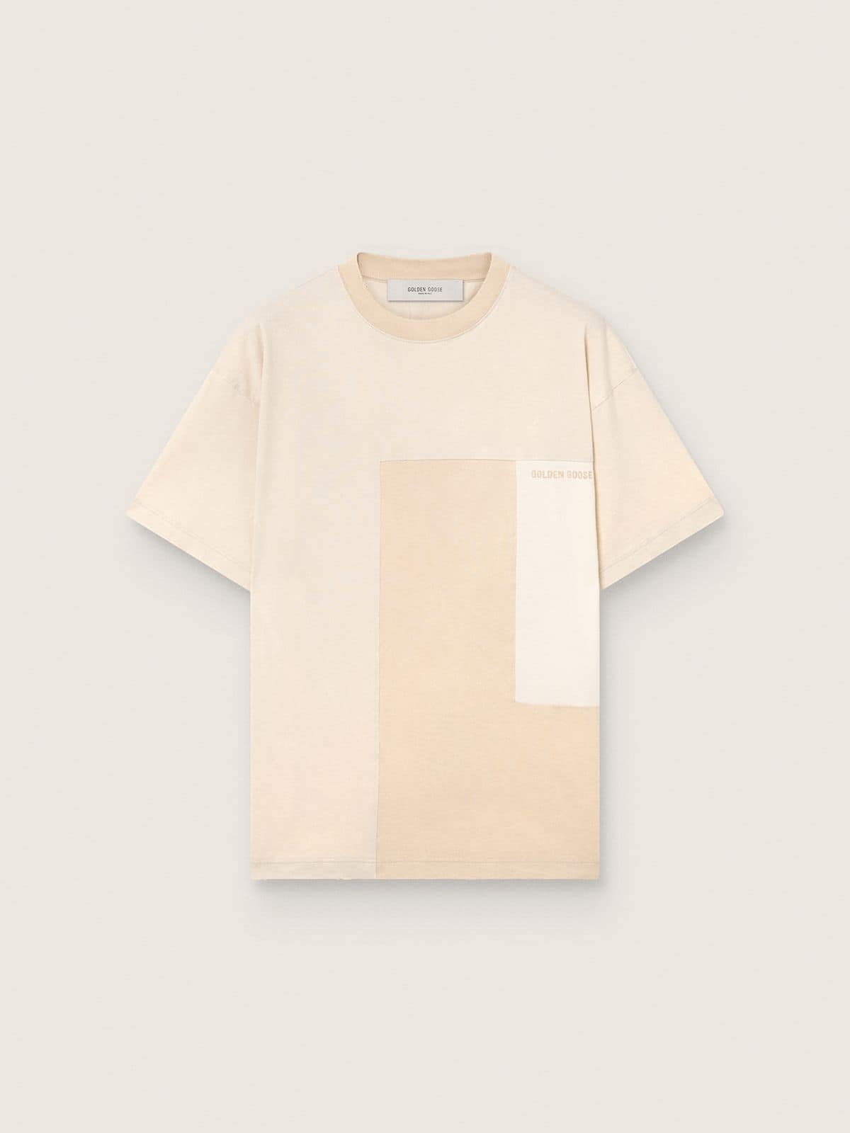 Men's T-shirt in cotton jersey with white and beige patchwork effect - Golden Goose Men