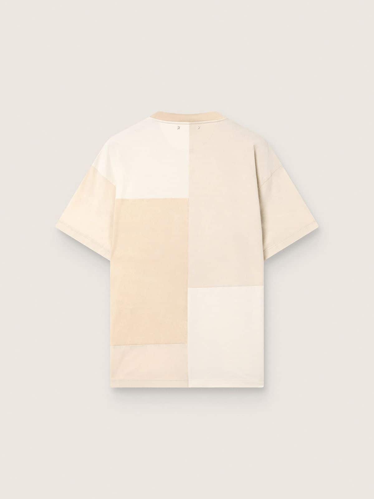 Men's T-shirt in cotton jersey with white and beige patchwork effect - Golden Goose Men