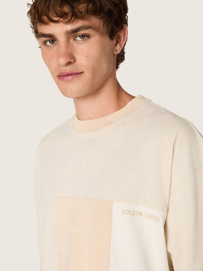 Men's T-shirt in cotton jersey with white and beige patchwork effect - Golden Goose Men