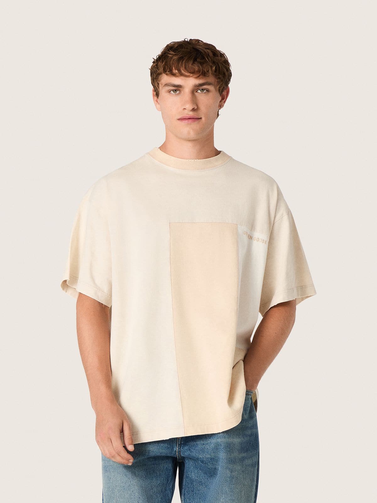 Men's T-shirt in cotton jersey with white and beige patchwork effect - Golden Goose Men