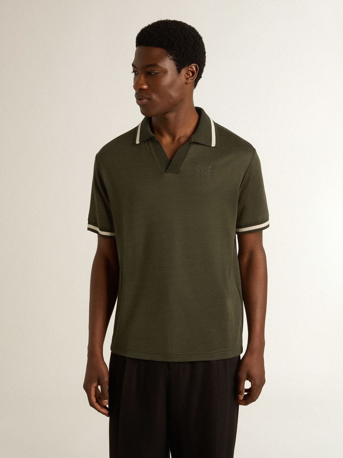 Men's military-green jersey polo with embroidery - Golden Goose Men