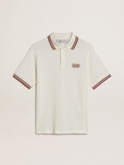 Men's polo shirt in white perforated knit with burgundy striped details - Golden Goose Men