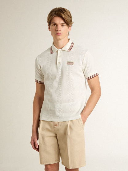 Men's polo shirt in white perforated knit with burgundy striped details - Golden Goose Men