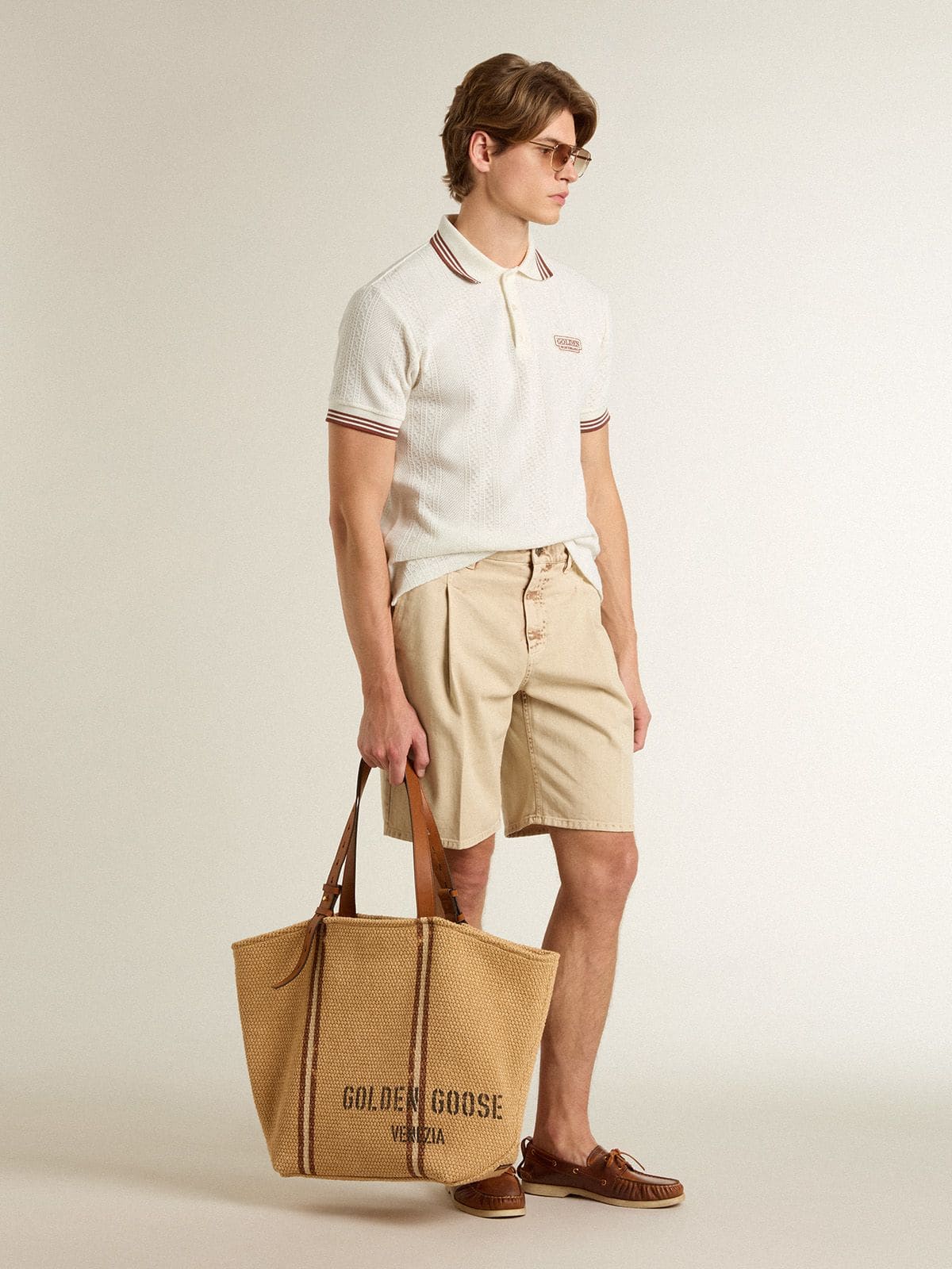 Men's polo shirt in white perforated knit with burgundy striped details - Golden Goose Men