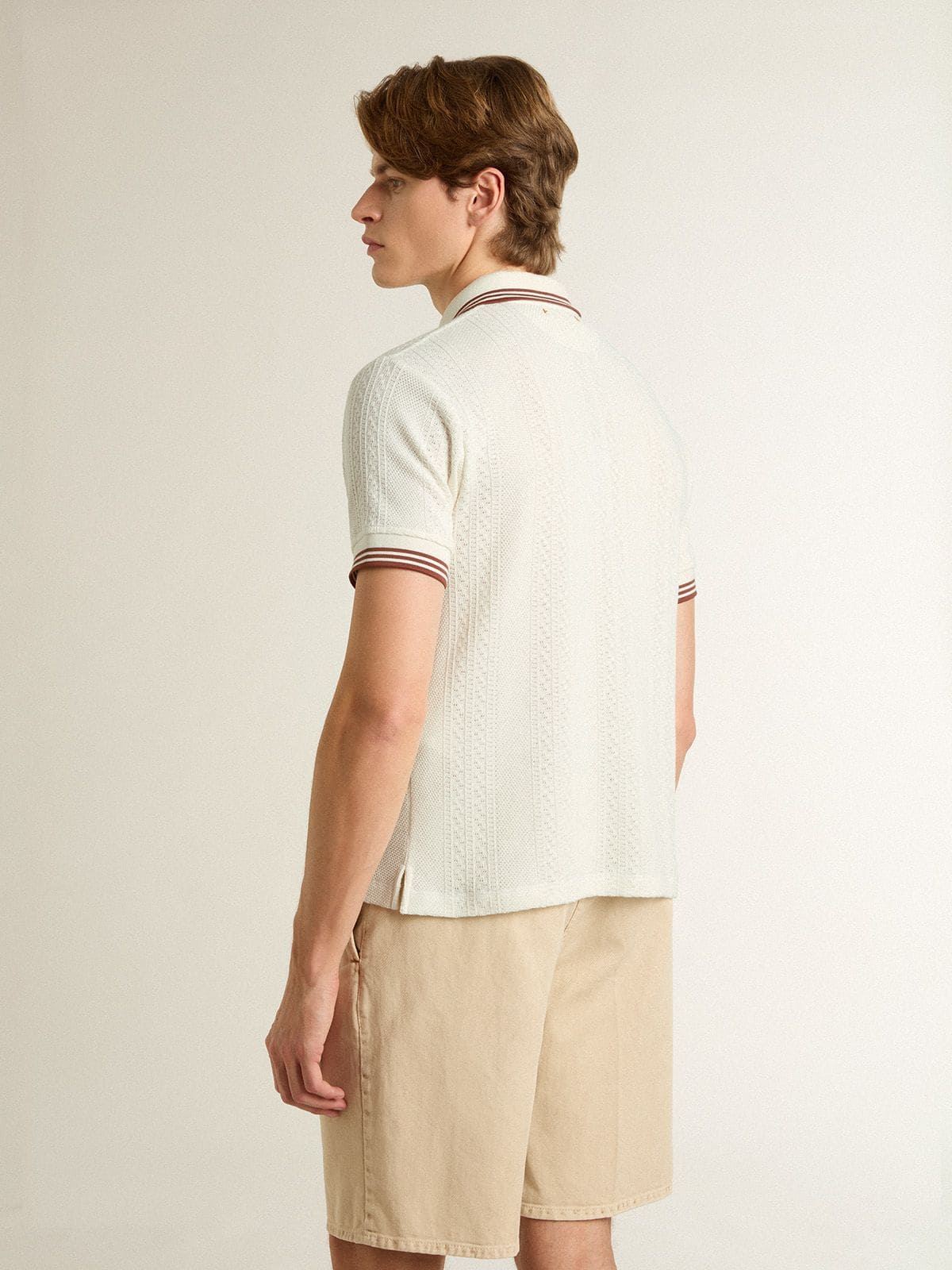 Men's polo shirt in white perforated knit with burgundy striped details - Golden Goose Men