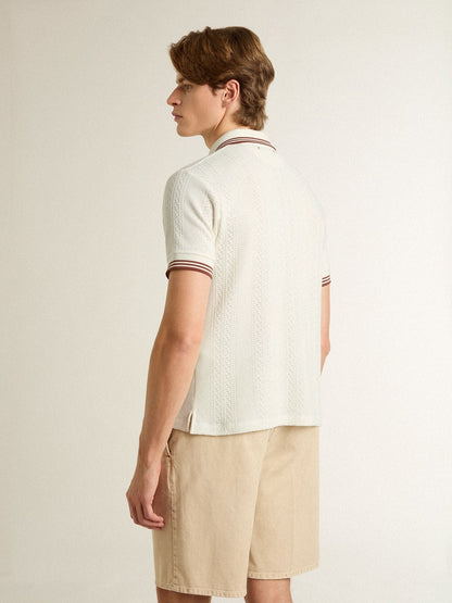 Men's polo shirt in white perforated knit with burgundy striped details - Golden Goose Men