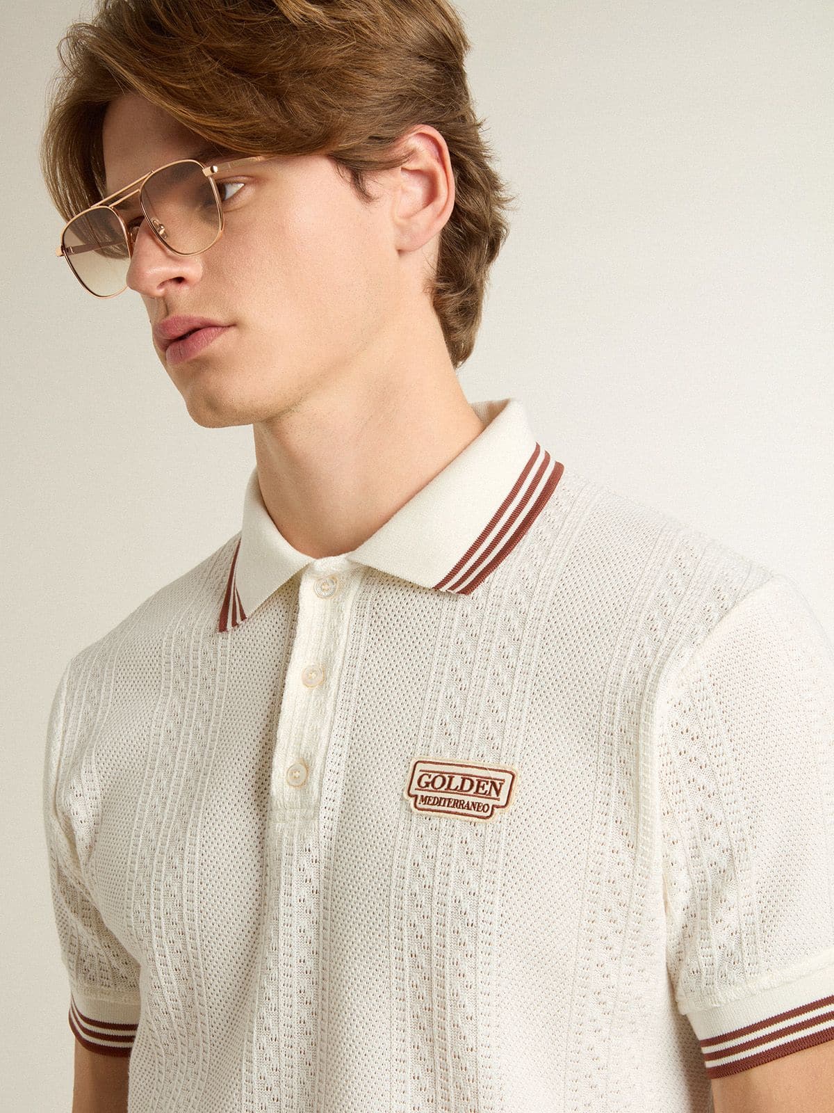 Men's polo shirt in white perforated knit with burgundy striped details - Golden Goose Men
