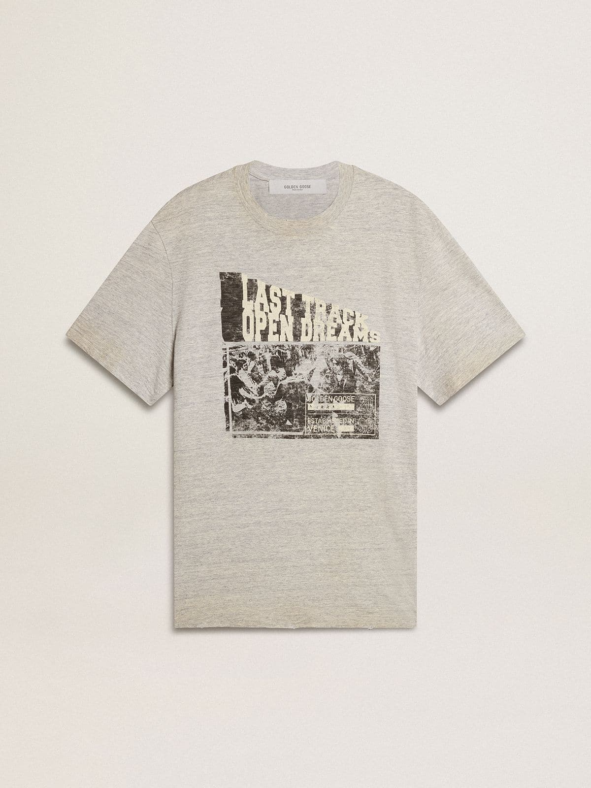 Men's vintage-effect gray T-shirt with print on the front - Golden Goose Men