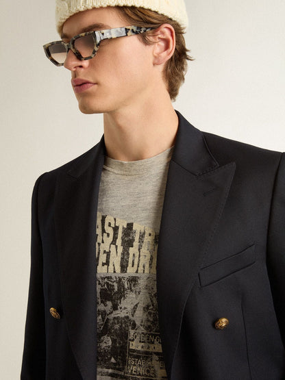 Men's vintage-effect gray T-shirt with print on the front - Golden Goose Men